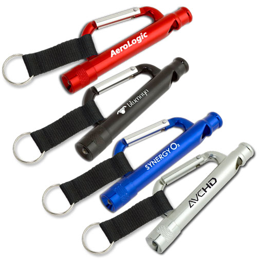 Custom Carabiner Flashlight and Whistle with Strap